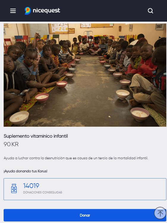 En Nicequest puedes donar tus Korus a ONGs para financiar proyectos solidarios que ayudarán al bienestar de otras personas, animales o del medio ambiente.